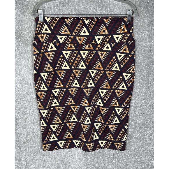 Lularoe Cassie Pencil Skirt Womens Size Medium Brown Geometric Triangle Stretch‎ - Picture 1 of 6